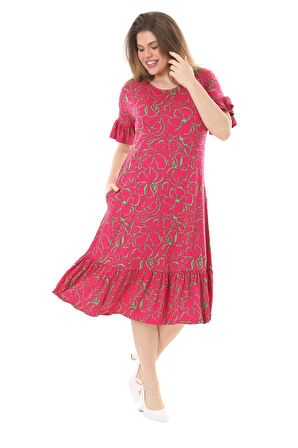 Melsay Butik Fırfırlı Kısa Kollu Pembe Çiçek Desenli Cepli Elbise