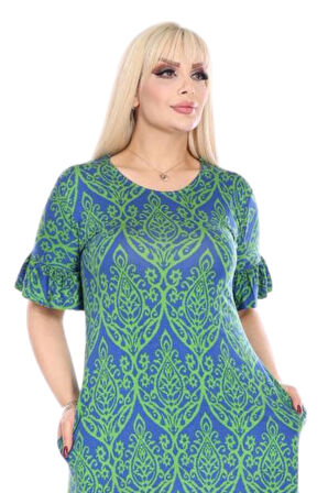 Melsay Butik Fırfırlı Kısa Kollu Yeşil Dantel Desenli Kadın Midi Elbise