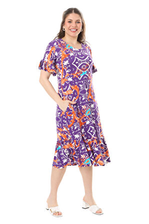 Melsay Butik Fırfırlı Cepli Kısa Kollu Mor Retro Desenli Elbise