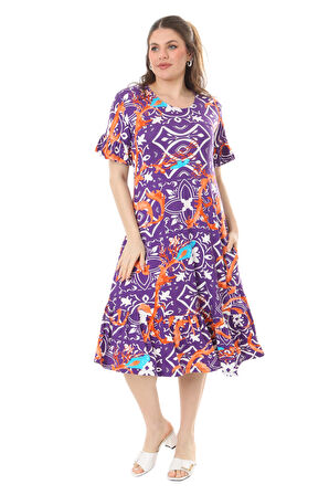 Melsay Butik Fırfırlı Cepli Kısa Kollu Mor Retro Desenli Elbise