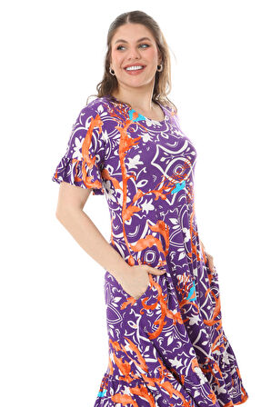 Melsay Butik Fırfırlı Cepli Kısa Kollu Mor Retro Desenli Elbise