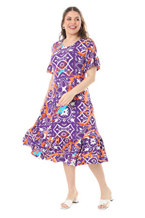 Melsay Butik Fırfırlı Cepli Kısa Kollu Mor Retro Desenli Elbise