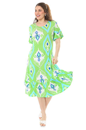 Melsay Butik Kısa Kollu Fırfırlı Cepli Yeşil Motif Desenli Midi Elbise