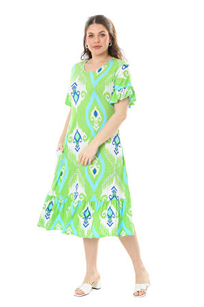 Melsay Butik Kısa Kollu Fırfırlı Cepli Yeşil Motif Desenli Midi Elbise