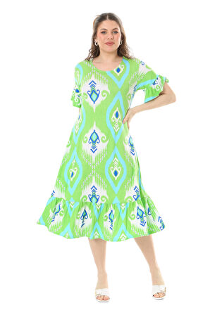 Melsay Butik Kısa Kollu Fırfırlı Cepli Yeşil Motif Desenli Midi Elbise