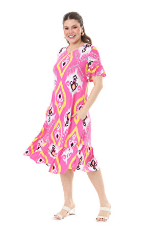 Melsay Butik Kısa Kollu Fırfırlı Cepli Pembe Motif Desenli Midi Elbise