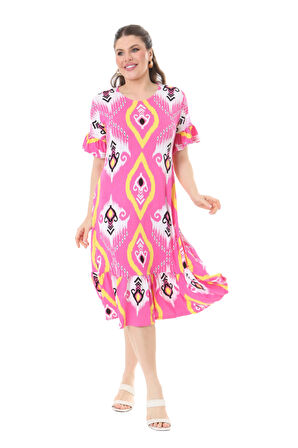 Melsay Butik Kısa Kollu Fırfırlı Cepli Pembe Motif Desenli Midi Elbise