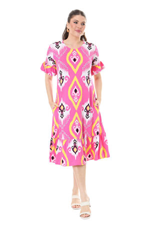 Melsay Butik Kısa Kollu Fırfırlı Cepli Pembe Motif Desenli Midi Elbise