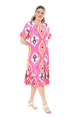Melsay Butik Kısa Kollu Fırfırlı Cepli Pembe Motif Desenli Midi Elbise