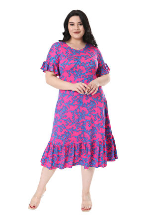 Melsay Butik Kısa Kollu Fırfırlı Cepli Pembe Mavi Mercan Desenli Midi Elbise