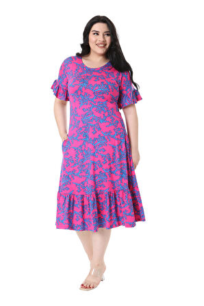 Melsay Butik Kısa Kollu Fırfırlı Cepli Pembe Mavi Mercan Desenli Midi Elbise