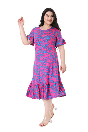 Melsay Butik Kısa Kollu Fırfırlı Cepli Pembe Mavi Mercan Desenli Midi Elbise