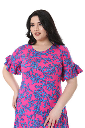 Melsay Butik Kısa Kollu Fırfırlı Cepli Pembe Mavi Mercan Desenli Midi Elbise