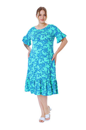 Melsay Butik Kısa Kollu Fırfırlı Cepli Turkuaz Mercan Desenli Midi Elbise