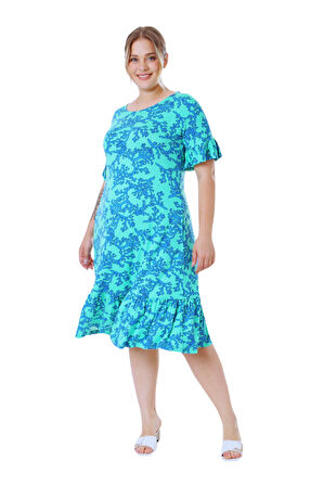 Melsay Butik Kısa Kollu Fırfırlı Cepli Turkuaz Mercan Desenli Midi Elbise