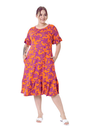 Melsay Butik Kısa Kollu Fırfırlı Cepli Turuncu Mor Mercan Desenli Midi Elbise