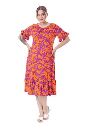 Melsay Butik Kısa Kollu Fırfırlı Cepli Turuncu Mor Mercan Desenli Midi Elbise