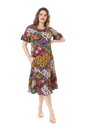 Melsay Butik Kısa Kollu Fırfırlı Cepli Sarı Patchwork Desenli Midi Elbise