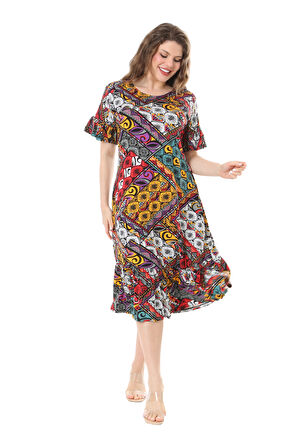 Melsay Butik Kısa Kollu Fırfırlı Cepli Sarı Patchwork Desenli Midi Elbise