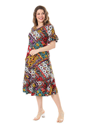Melsay Butik Kısa Kollu Fırfırlı Cepli Sarı Patchwork Desenli Midi Elbise