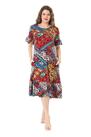 Melsay Butik Kısa Kollu Fırfırlı Cepli Mavi Patchwork Desenli Midi Elbise