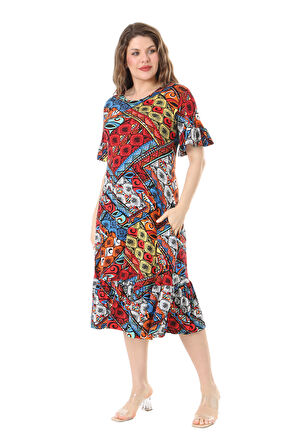 Melsay Butik Kısa Kollu Fırfırlı Cepli Mavi Patchwork Desenli Midi Elbise