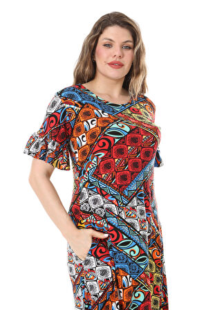 Melsay Butik Kısa Kollu Fırfırlı Cepli Mavi Patchwork Desenli Midi Elbise