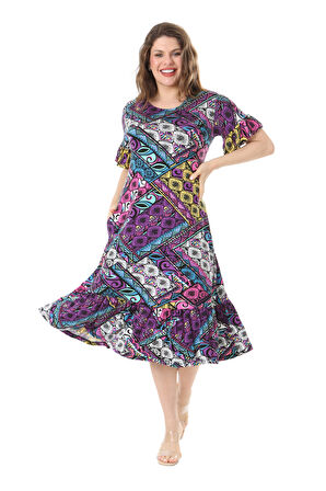 Melsay Butik Kısa Kollu Fırfırlı Cepli Mor Patchwork Desenli Midi Elbise