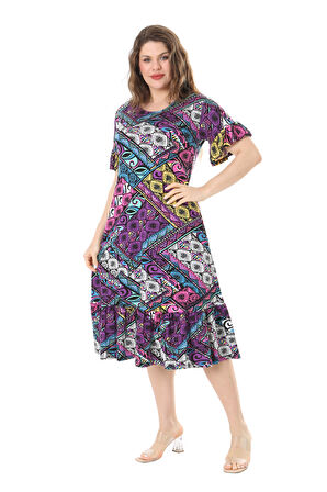 Melsay Butik Kısa Kollu Fırfırlı Cepli Mor Patchwork Desenli Midi Elbise