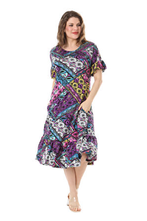 Melsay Butik Kısa Kollu Fırfırlı Cepli Mor Patchwork Desenli Midi Elbise