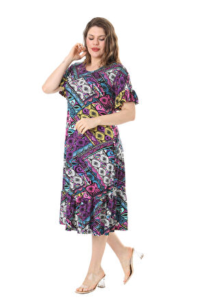 Melsay Butik Kısa Kollu Fırfırlı Cepli Mor Patchwork Desenli Midi Elbise