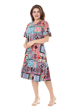 Melsay Butik Kısa Kollu Fırfırlı Cepli Mavi Çini Desenli Midi Elbise