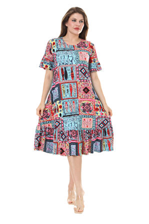 Melsay Butik Kısa Kollu Fırfırlı Cepli Mavi Çini Desenli Midi Elbise