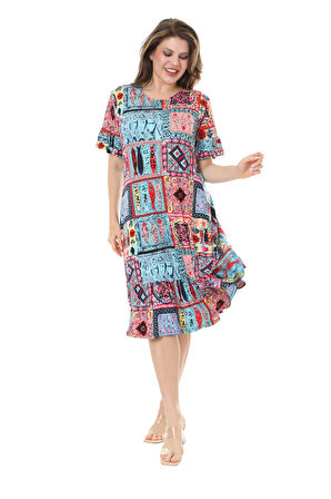 Melsay Butik Kısa Kollu Fırfırlı Cepli Mavi Çini Desenli Midi Elbise