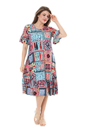 Melsay Butik Kısa Kollu Fırfırlı Cepli Mavi Çini Desenli Midi Elbise