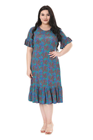 Melsay Butik Kısa Kollu Fırfırlı Cepli Mavi Küçük Mercan Desenli Midi Elbise
