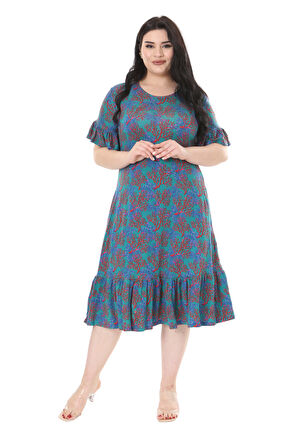 Melsay Butik Kısa Kollu Fırfırlı Cepli Mavi Küçük Mercan Desenli Midi Elbise