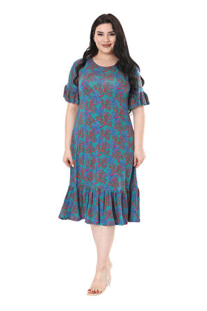 Melsay Butik Kısa Kollu Fırfırlı Cepli Mavi Küçük Mercan Desenli Midi Elbise