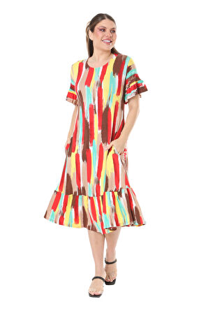 Melsay Butik Fırfırlı Cepli Sarı Yağlıboya Desenli Kısa Kollu Midi Elbise