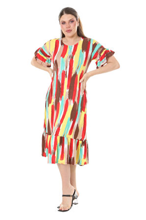 Melsay Butik Fırfırlı Cepli Sarı Yağlıboya Desenli Kısa Kollu Midi Elbise