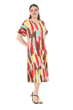 Melsay Butik Fırfırlı Cepli Sarı Yağlıboya Desenli Kısa Kollu Midi Elbise