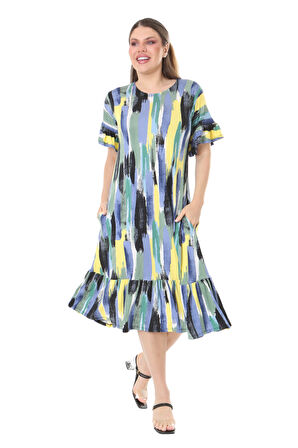 Melsay Butik Fırfırlı Cepli Mavi Yağlıboya Desenli Kısa Kollu Midi Elbise