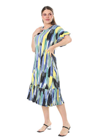Melsay Butik Fırfırlı Cepli Mavi Yağlıboya Desenli Kısa Kollu Midi Elbise