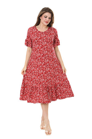 Melsay Butik Fırfırlı Cepli Kırmızı Çıtır Desenli Kısa Kollu Midi Elbise