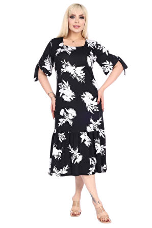 Melsay Butik Siyah Beyaz Yaprak Desen Kolları Bağlamalı Kısa Kollu Elbise