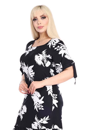 Melsay Butik Siyah Beyaz Yaprak Desen Kolları Bağlamalı Kısa Kollu Elbise