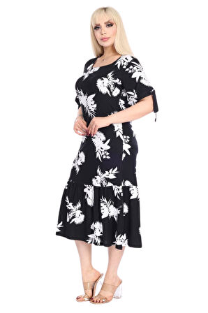 Melsay Butik Siyah Beyaz Yaprak Desen Kolları Bağlamalı Kısa Kollu Elbise