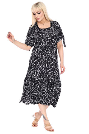 Melsay Butik Siyah Çiçek Desen Kolları Bağlamalı Kısa Kollu Kadın Midi Elbise