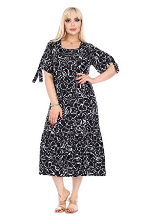 Melsay Butik Siyah Çiçek Desen Kolları Bağlamalı Kısa Kollu Kadın Midi Elbise