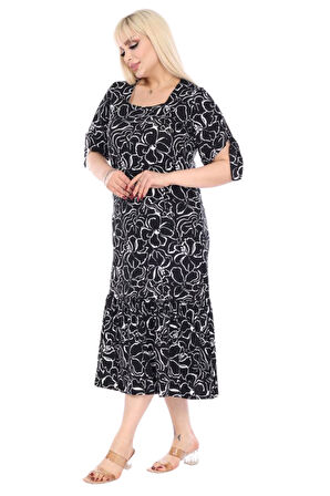 Melsay Butik Siyah Çiçek Desen Kolları Bağlamalı Kısa Kollu Kadın Midi Elbise